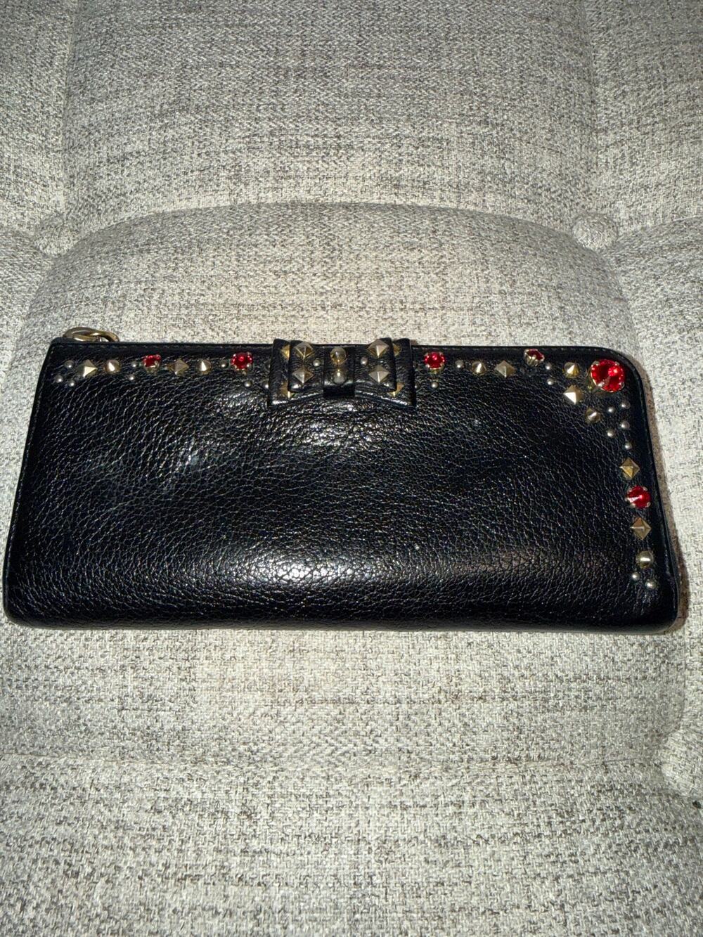 Miu Miu Black Leather Studded Bow Zip Wallet – Red Jewels, Gold Hardware, Italy